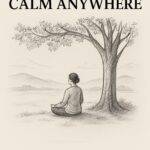A pencil-style illustration of a woman meditating peacefully under a large tree with mountains in the background, reflecting the concept of finding calm anywhere.