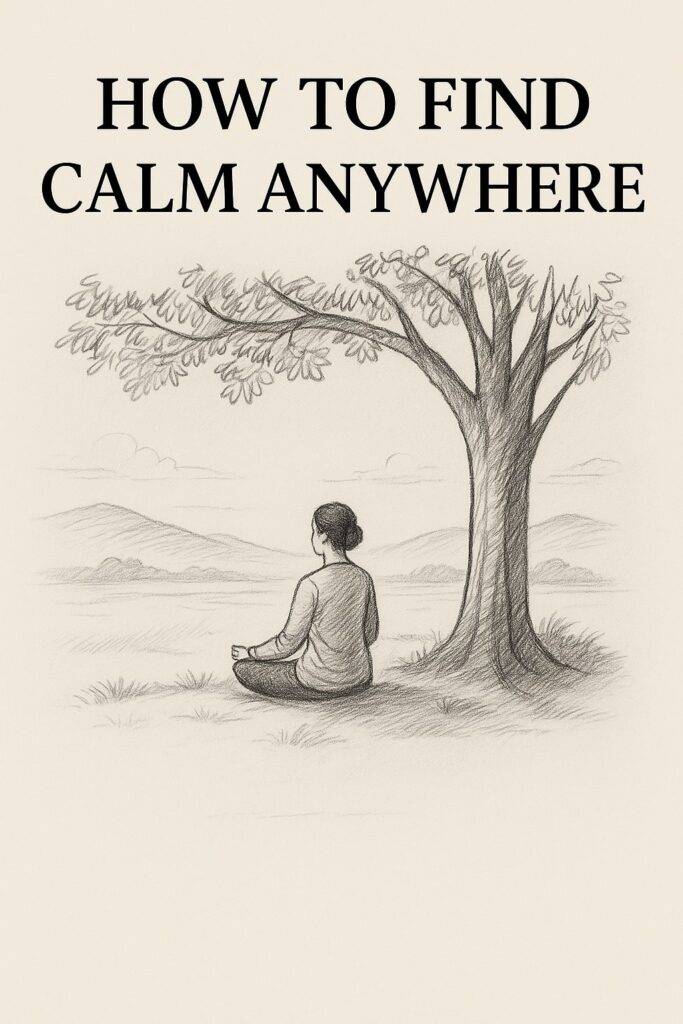 A pencil-style illustration of a woman meditating peacefully under a large tree with mountains in the background, reflecting the concept of finding calm anywhere.