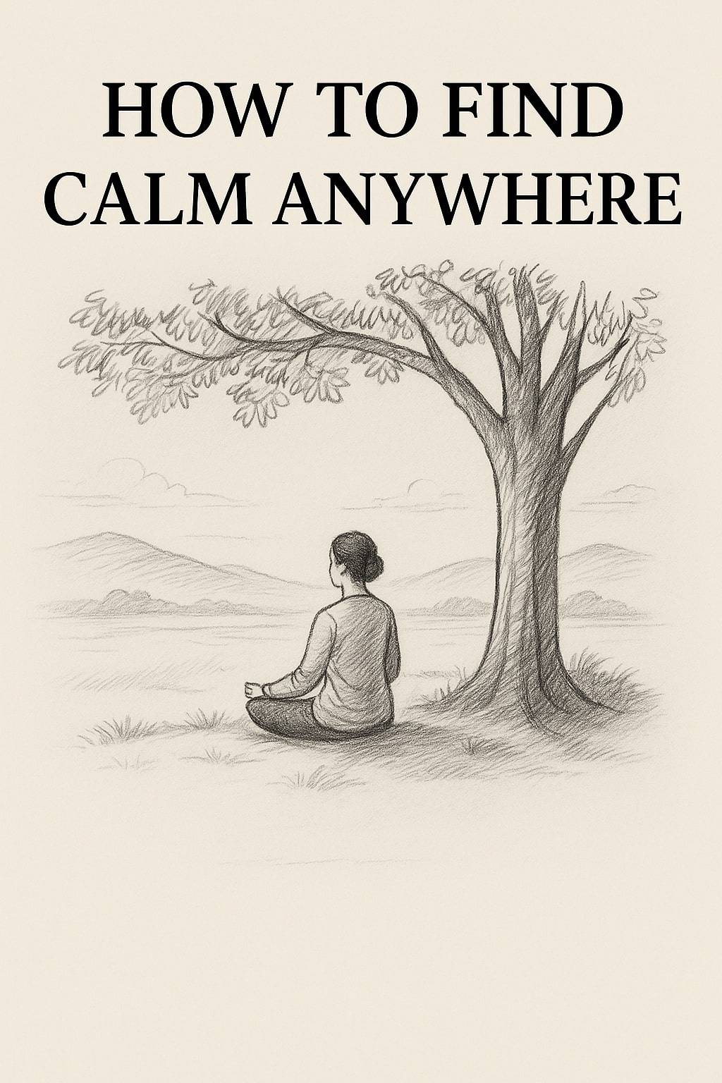 A pencil-style illustration of a woman meditating peacefully under a large tree with mountains in the background, reflecting the concept of finding calm anywhere.