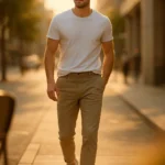 Stylish young man wearing white t-shirt and beige chinos walking confidently in city street during golden hour – daily street look for men