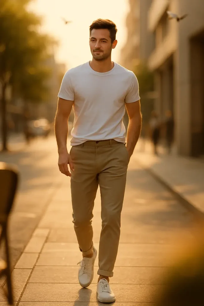 Stylish young man wearing white t-shirt and beige chinos walking confidently in city street during golden hour – daily street look for men