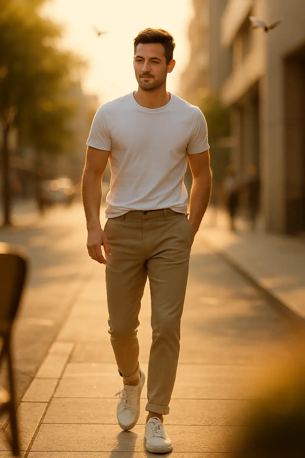 Stylish young man wearing white t-shirt and beige chinos walking confidently in city street during golden hour – daily street look for men