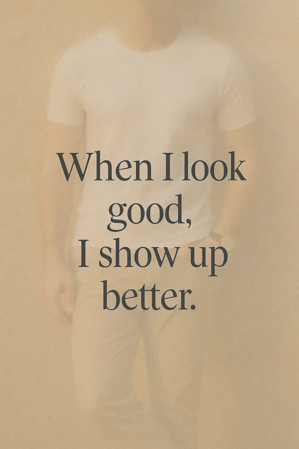 Elegant Pinterest quote image with 'When I look good, I show up better' over a soft neutral background with blurred outfit overlay – minimalist fashion pin design