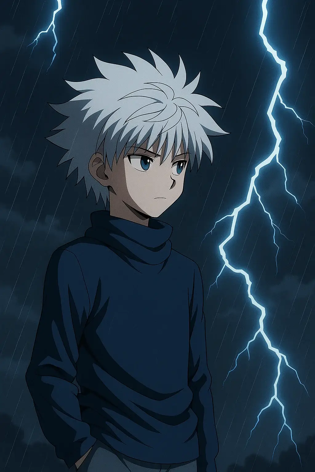 Close-up of Killua Zoldyck under storm clouds with lightning in the background and a focused, unreadable expression