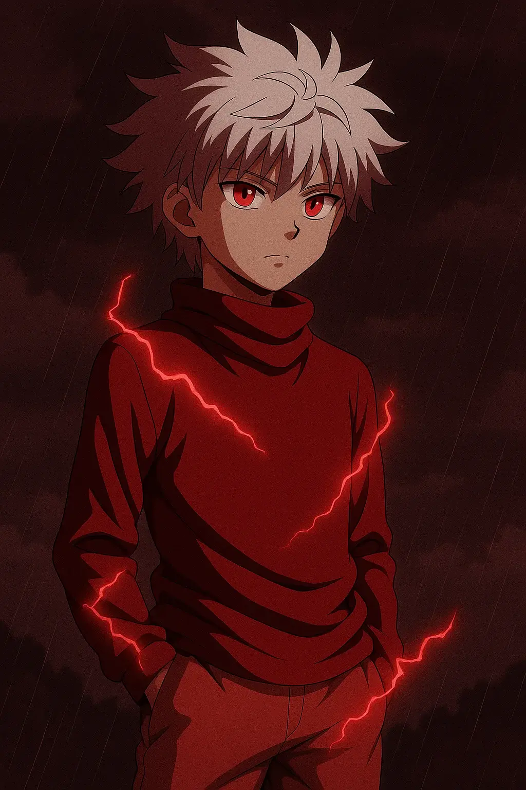 Killua Zoldyck in a red turtleneck and beige pants with glowing red eyes, standing calmly as red lightning crackles around him in a stormy night scene