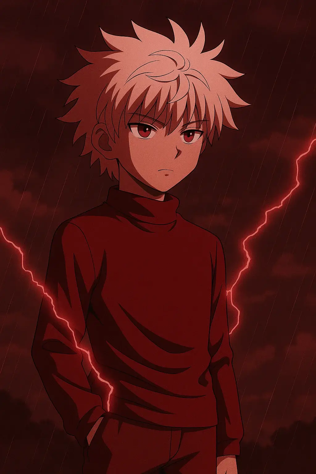 Killua Zoldyck with glowing red eyes, dressed in a deep red outfit, surrounded by crimson lightning in a dark storm