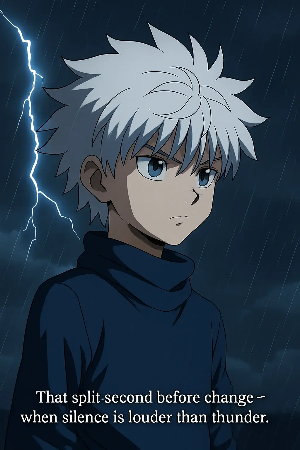 Killua Zoldyck under rain with a silent, tense expression as lightning cracks behind him and a quote appears at the bottom