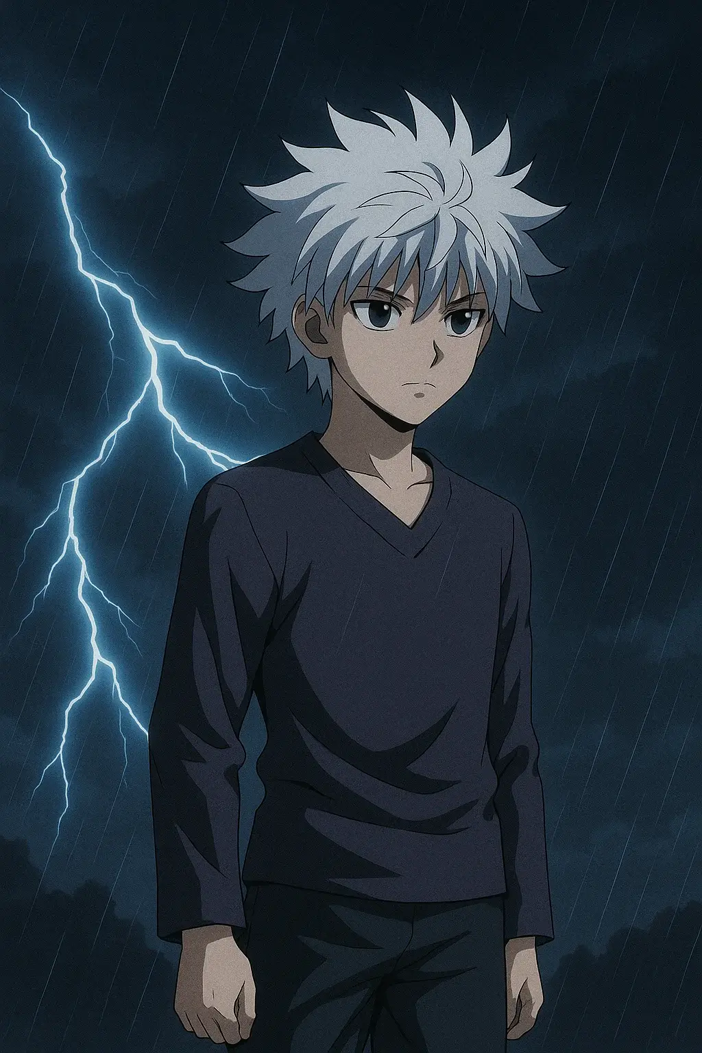 Killua Zoldyck in a V-neck shirt standing with calm focus as blue lightning arcs behind him in a stormy night sky