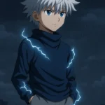 Killua Zoldyck standing alone in a thunderstorm with electric blue lightning glowing around him, cinematic anime style