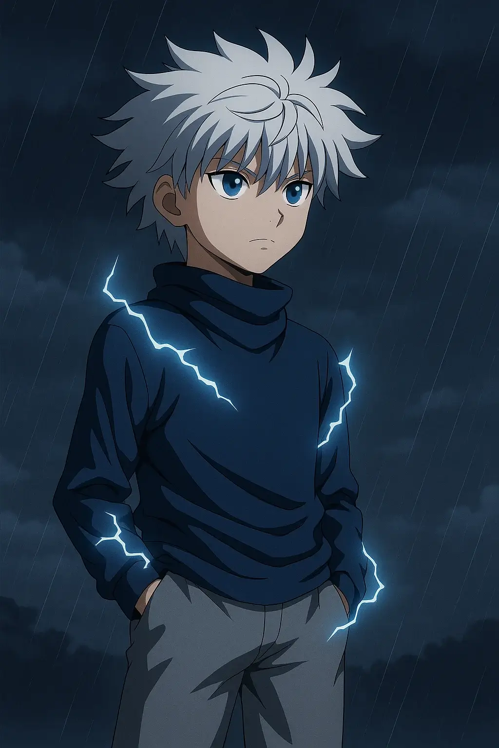 Killua Zoldyck standing alone in a thunderstorm with electric blue lightning glowing around him, cinematic anime style