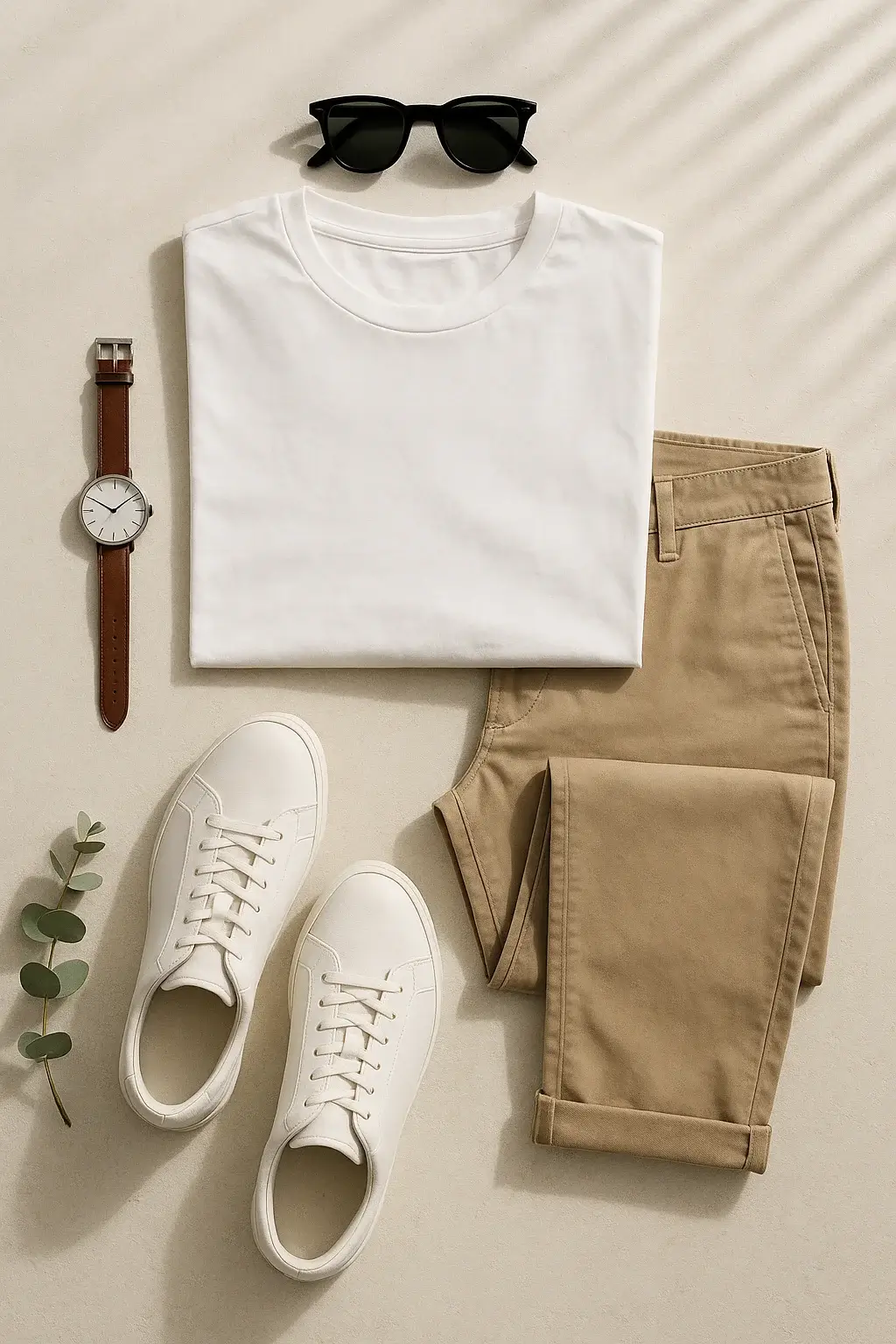 Decorated flat lay image of men’s white t-shirt, beige chinos, sneakers, watch, and sunglasses arranged on neutral background for modern Pinterest-style outfit guide