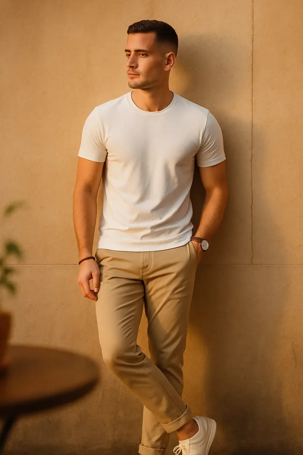 Portrait of stylish modern man in white t-shirt and beige chinos leaning against neutral wall with relaxed confident posture – Pinterest fashion lifestyle style image 2:3 vertical