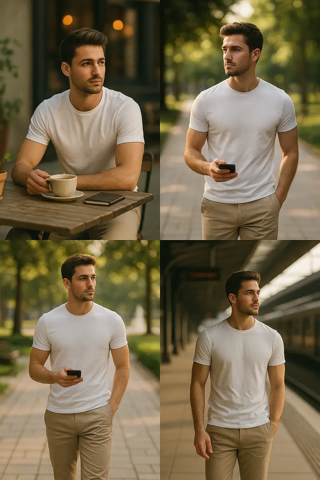 Decorated vertical Pinterest collage of a man in white t-shirt and beige chinos — café, park walk, train station, lifestyle fashion scenes with realistic urban props and cinematic tone